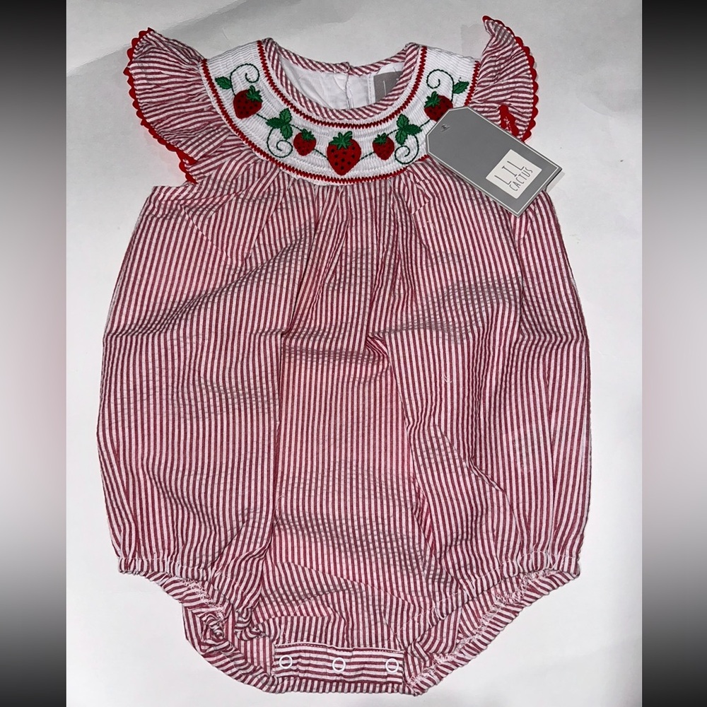 Red Striped Baby Romper with Strawberry Embroidery